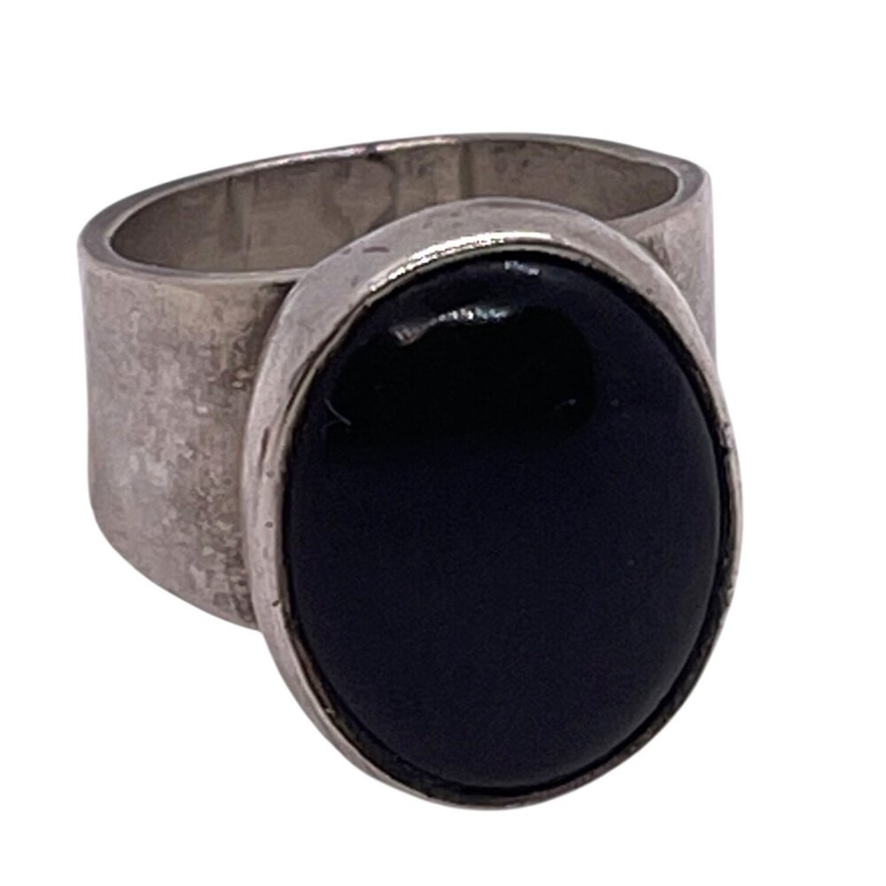 Sterling Silver 925 Mexico Black Onyx Cabochon Statement Wide Band Ring Sz 8 VTG - Picture 2 of 8